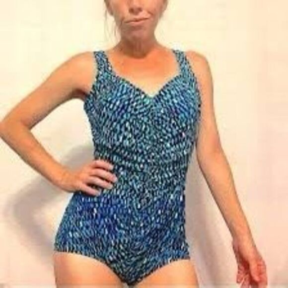 Maxine Of Hollywood Sz 14 Shirred One Piece Swimsuit Blue Speckle Print Shaping - Picture 1 of 16